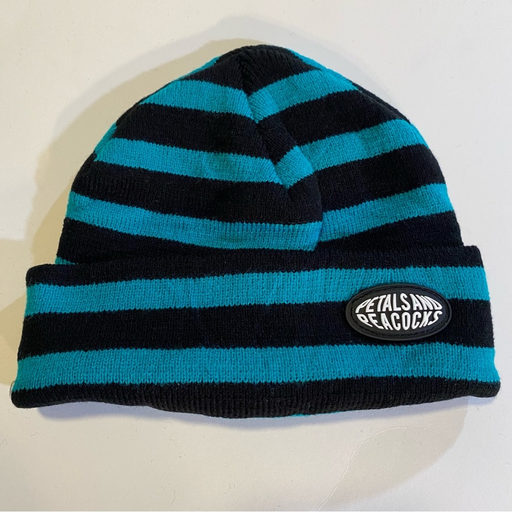 Striped beanie, by Petals and Peacocks, NWOT, 8” cuffed, 8 1/2” wide. Acrylic